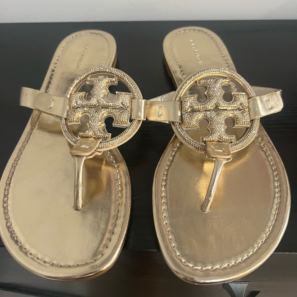 Tory Burch Crystal Miller Leather Sandal - Gold 9 - NWT